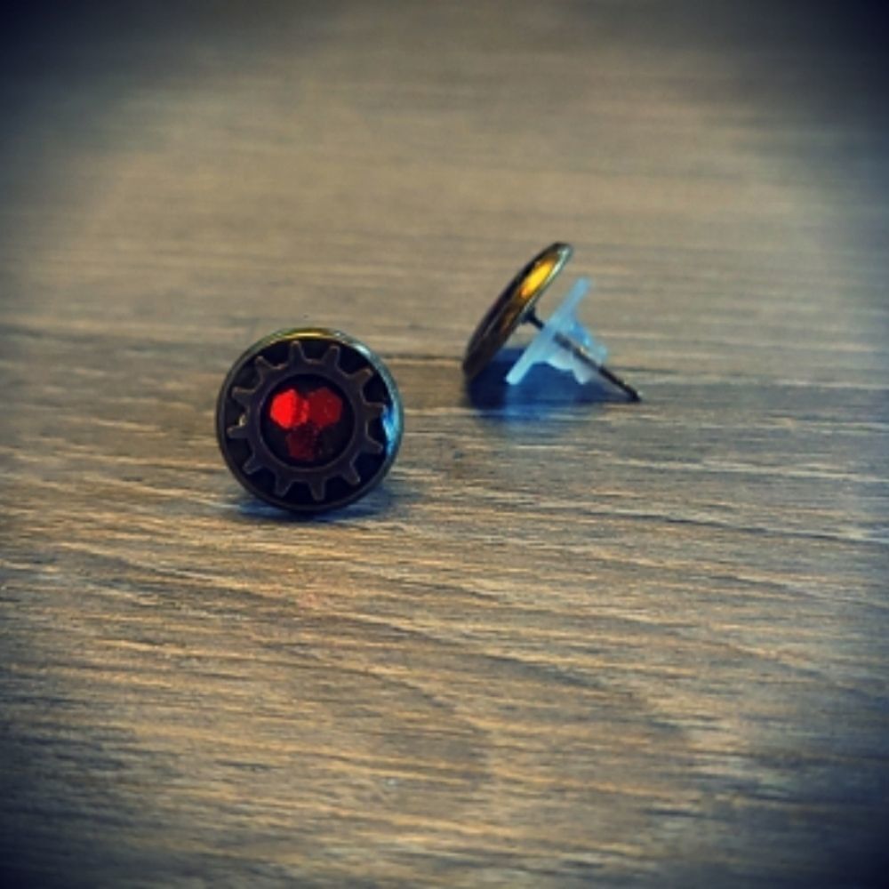 Bronze & Red Stud Gear Steampunk Industrial Earrings